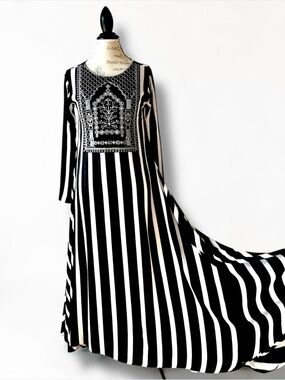 CHINYERE Monochrome Striped Embroidered Maxi Dress Kurti - Size M
